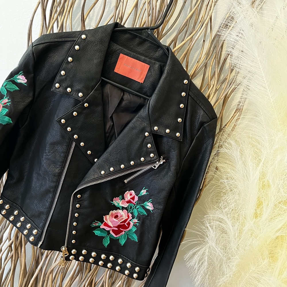 Leather Floral Embroidered Jacket